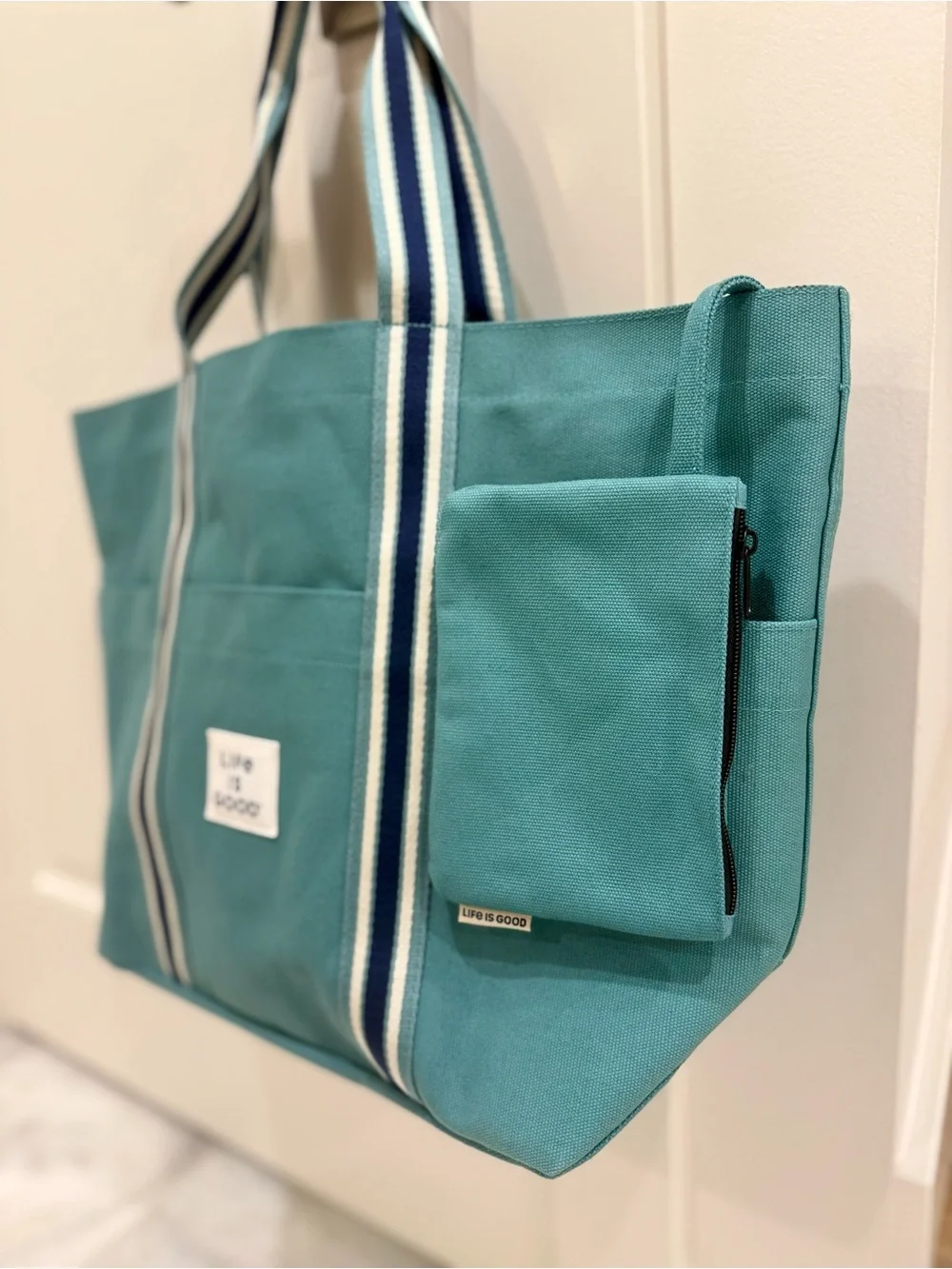 New Life is Good Canvas Tote Bag with Removable Zip Pouch | Teal | Multi-Pocket